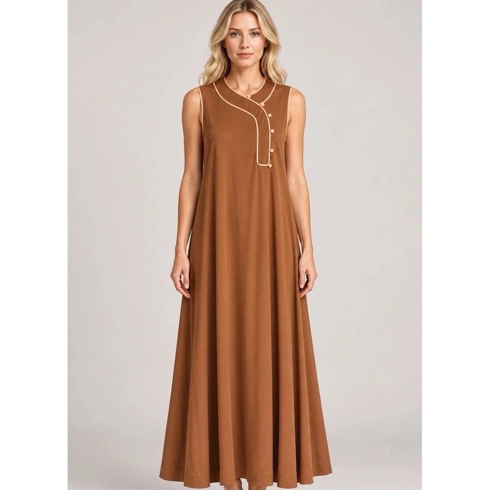 Donald Brooks for Maidenform Brown Maxi Dress Hollywood Designer Piped  *Medium